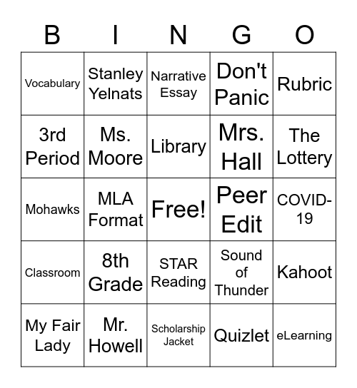 Mrs. Hall's 8th Grade English Bingo Card