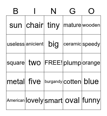 Adjective Order Bingo Card