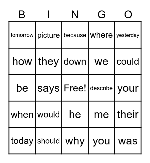 Unit 7 Tricky Word Bingo Card