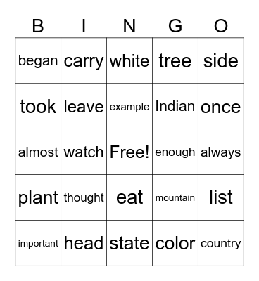 Instant Words Bingo Card