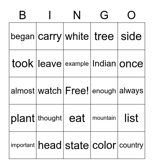 Instant Words Bingo Card