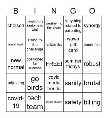 5/13 Staff Meeting Bingo Board Bingo Card