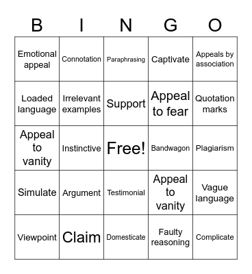 Argument Vocabulary Bingo Card