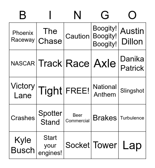 NASCAR Bingo Card