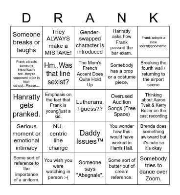 Freshman Musical Drinking Game Bingo Card