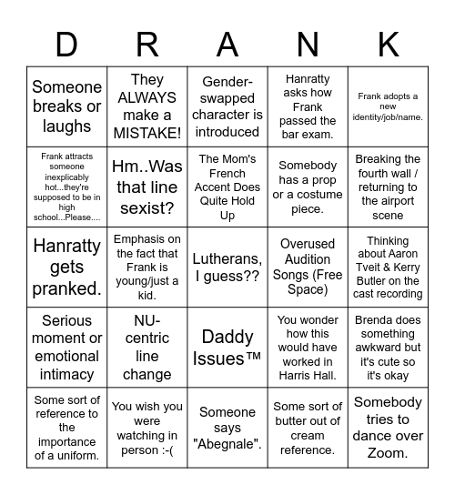 Freshman Musical Drinking Game Bingo Card