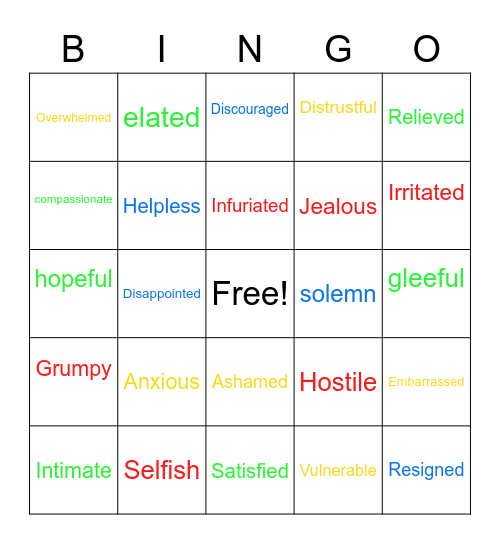Emotions Bingo (4th-6th) Bingo Card