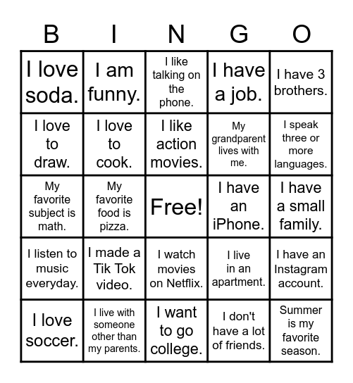 Building Relationships Bingo Card