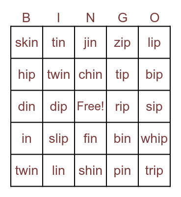 in and ip words Bingo Card