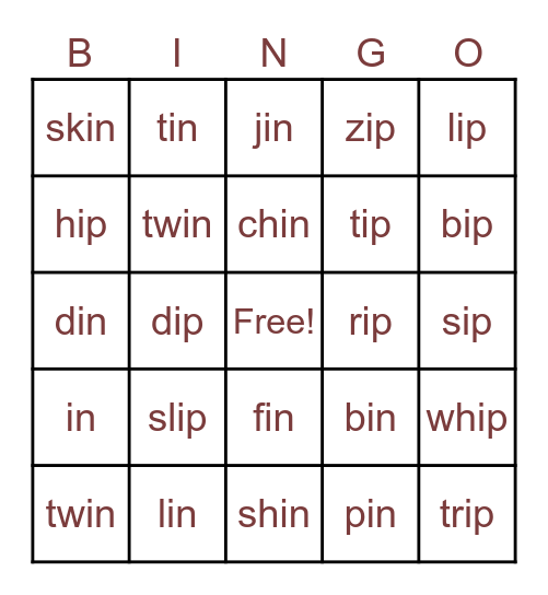 in and ip words Bingo Card