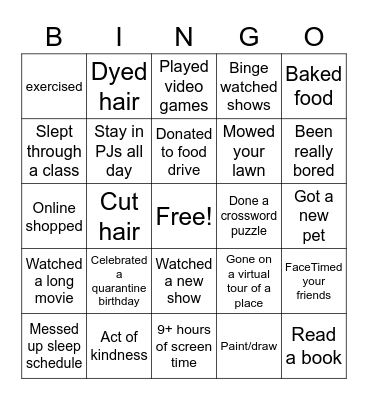 Quarantine Bingo Card