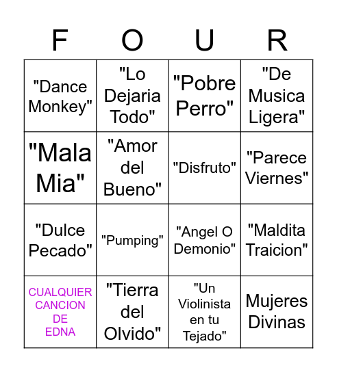 Four Songs Bingo Card