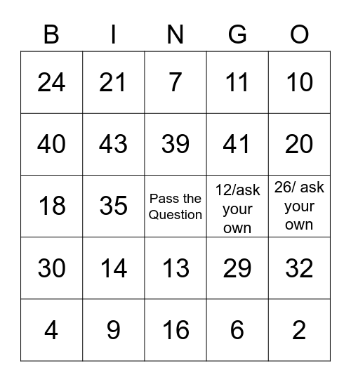 Bingo Question and Answer Bingo Card
