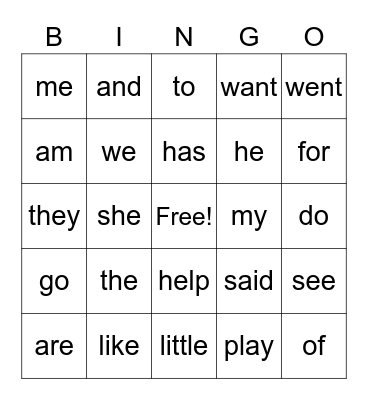 Sight Words Bingo Card