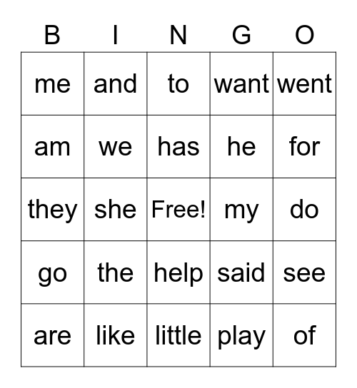 Sight Words Bingo Card