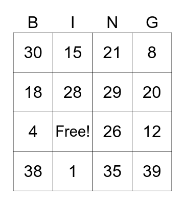 Number Bingo Card