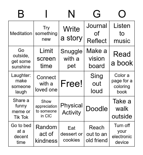 CIC Wellness BINGO Card