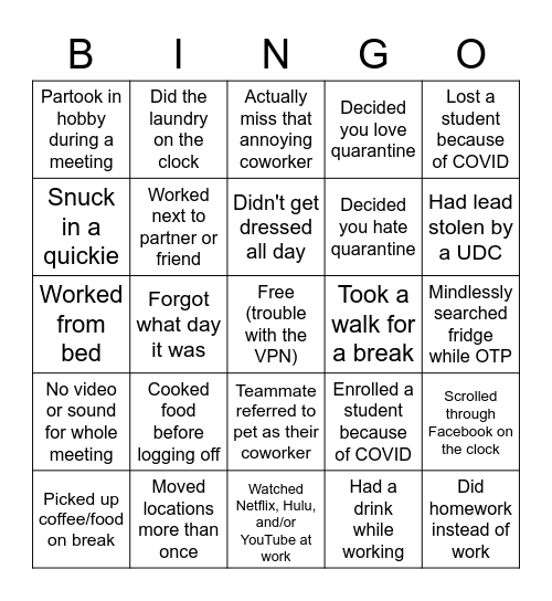 Work From Home Bingo Card