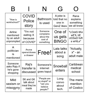Dutta Family Zoom Bingo Card