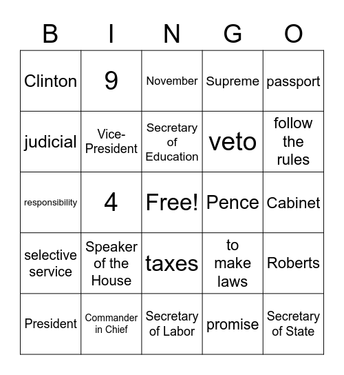 Citizenship 9-10 Bingo Card