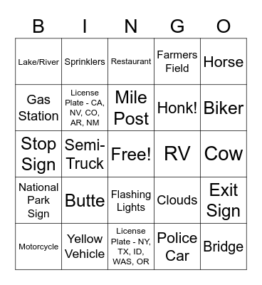 RV VACATION Bingo Card