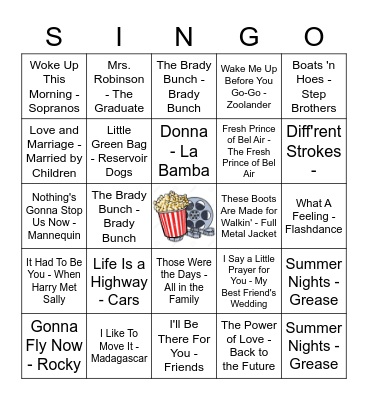 Singo Bingo TV & Movie Songs Bingo Card