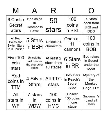Super Mario 64 DS Bingo Card
