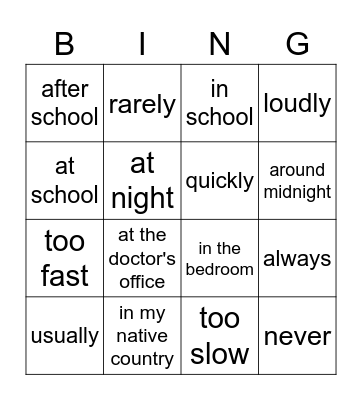 ADVERBS Bingo Card