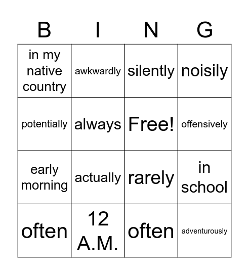 ADVERBS Bingo Card