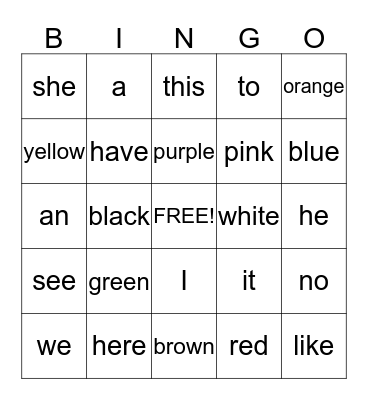 Sight Words Bingo Card