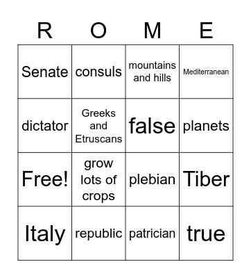 Rome Vocabulary Bingo Card