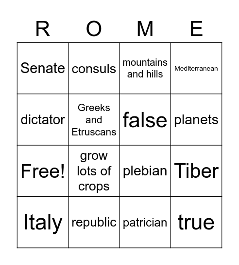 Rome Vocabulary Bingo Card