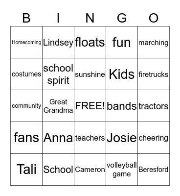 BINGO FOR HOMECOMING Bingo Card