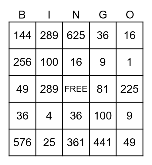 Square Numbers Bingo Card