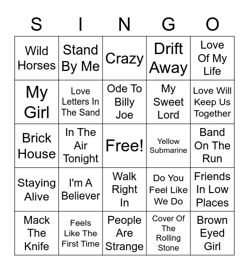 SINGO Bingo Card