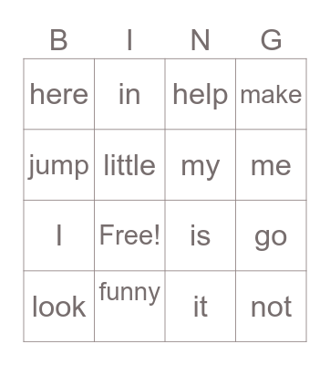 Sight Word Bingo Card