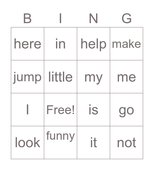 Sight Word Bingo Card