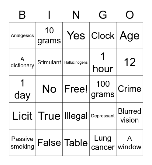 Drug Ed Bingo Card
