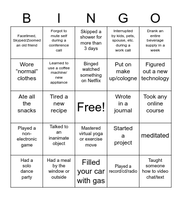Quarantine BINGO Card