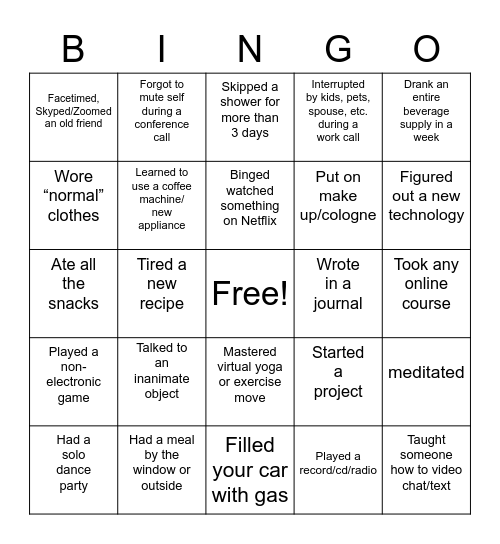 Quarantine BINGO Card