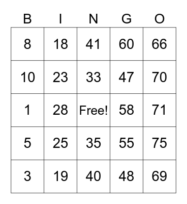 JR's Card Bingo Card
