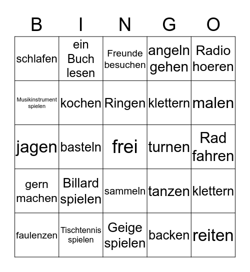 Hobbies und Freizeit Bingo Card