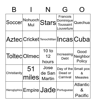 Latin America Bingo Card