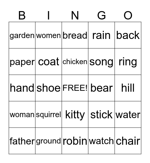 Noun Dolch Words Bingo Card