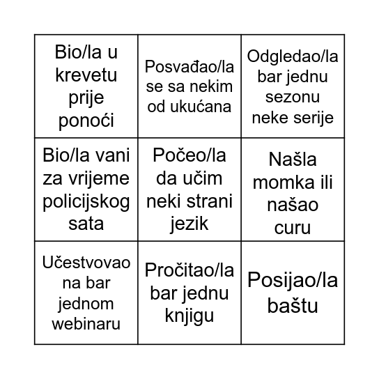 Korona bingo Card