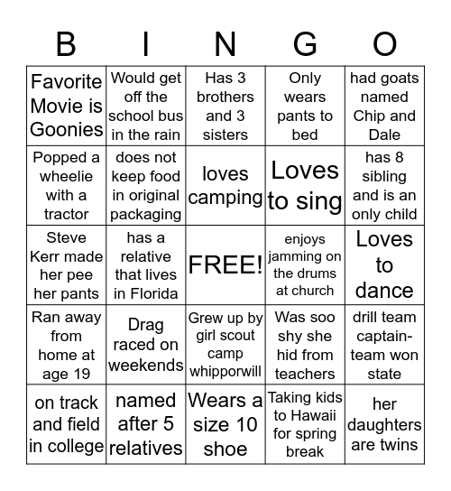 M fun fact is .... Bingo Card