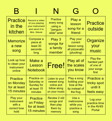 A Voice 4 Strings Practice time Bingo Card