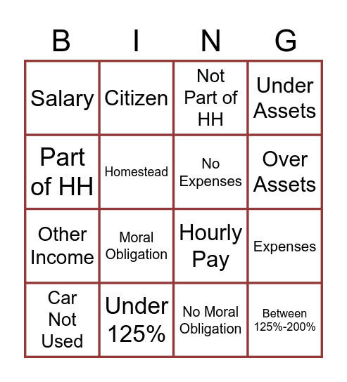 PAI Bingo Card