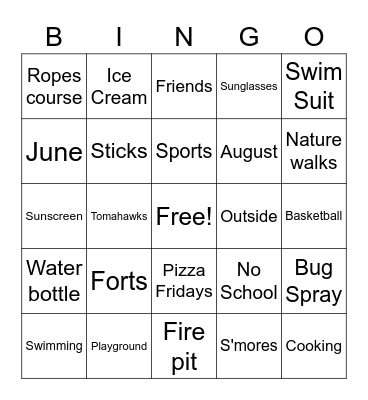 YMCA Summer Camp Bingo Card