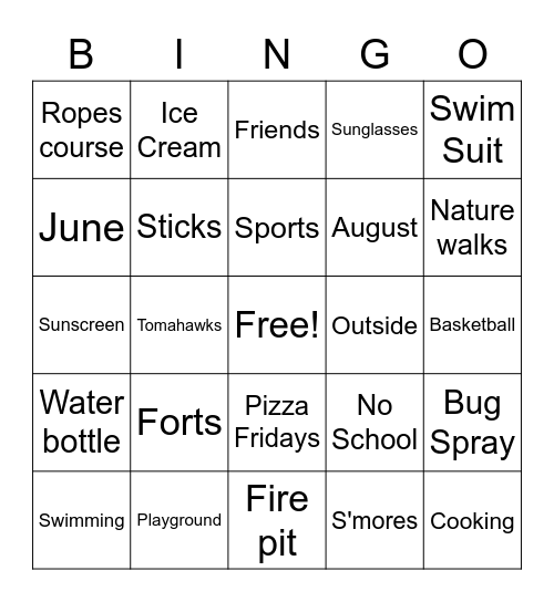 YMCA Summer Camp Bingo Card